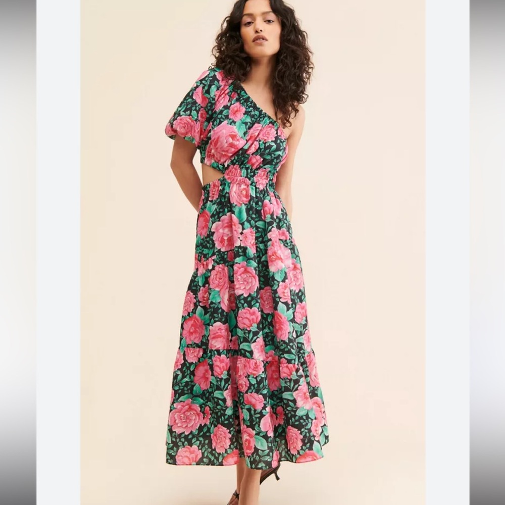 Moon River‎ Floral One-Shoulder Maxi Dress Cut Out Resort Vacation